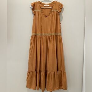 Prairie Bohemian Maxi Dress Orange Tie Ruffle Tiered Rustic V Neck Ruffle Small
